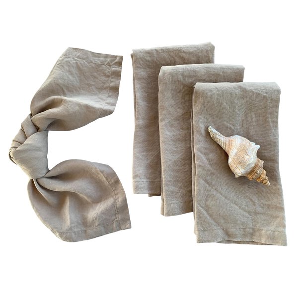 Eight Owls Stonewashed Linen Napkins - 20 Inch x 20 Inch – Set of 4-100% Pure Linen Cloth - Mitered Corners - Coast, (Warm Pebble)