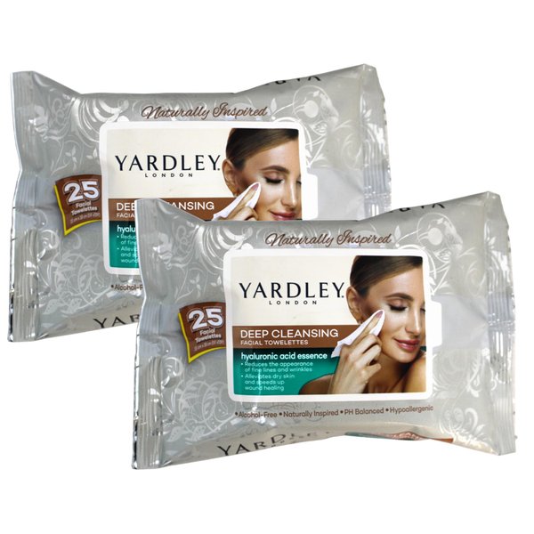 Yardley London Naturally Inspired Deep Cleansing Facial Towelettes, with Hyaluronic Acid Essence, Reduces Fine Lines and Wrinkles, Speeds Up Wound Healing, Hypoallergenic, 25 ct (Pack of 2)
