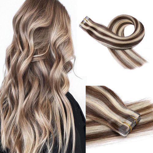 Ombre Tape in Hair Extensions, Tape in Hair Extensions Human Hair 18 Inch Balayage Dark Brown to Bleach Blonde Highlighted Straight Real Hair Extensions Seamless Glue in Human Hair Extensions