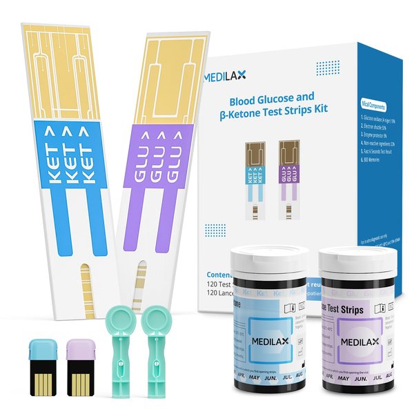 Medilax Blood Ketone and Sugar Strips,Only for Medilax Keto Test and Glucose Meter,60 Count Diabetic Strips,60 Count Blood Ketone Strips,120 Blood Lancets