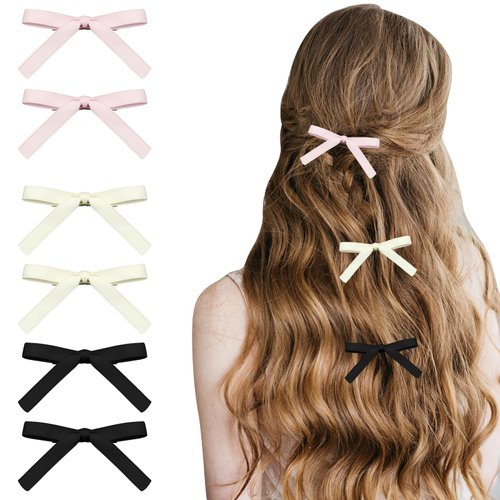 6Pcs Hair Bows Hair Ribbon for Women, Satin Bow Hair Clips Hair Bow Clip Metal Alligator Clips, Solid Color Hair Ribbons for Women Girls Accessories, Cute Ribbon Hair Clip for Long Curly Ponytails