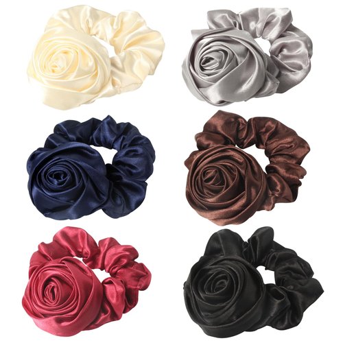 Scrunchie with Flowers, Hair Scrunchies for Women's,Rose Scrunchies Ponytail Holders Elastic Hair Bands Hair Tie Hair Ribbon Scrunchie Hair Accessories pack of 6