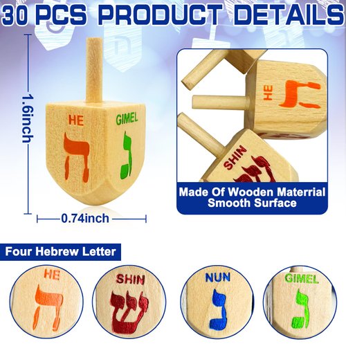 AMENON 30 Pack Wooden Hanukkah Dreidels Games, Hanukkah Gifts - Colorful Hebrew Letters Spinning Tops Toys DIY Painted Wood Dreidel Chanukah Dreidel for Hanukkah Party Games Hanukkah Decorations