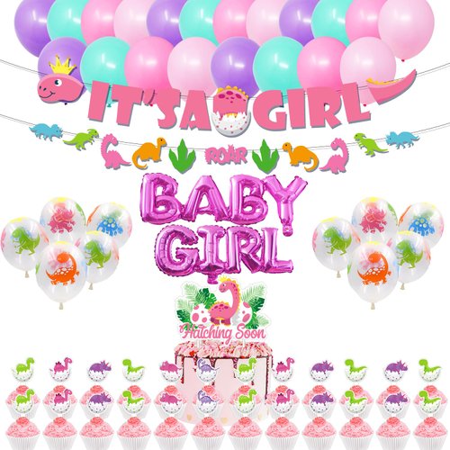 Mpanwen Girl Dinosaur Baby Shower Decorations, Pink Dinosaur Dino Party Supplies Decor for Girl Showers Birthdays with Banners Cake Topper Cupcake Topper Balloons