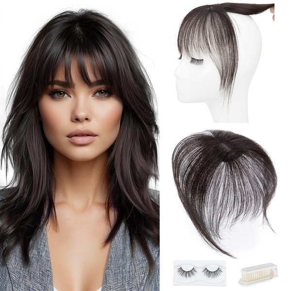 Hairro Clip On Bangs Human Hair Bangs Hair Clip In Bangs 3D 360°Cover Topper With Bangs Wispy Air Bangs Hair Pieces Fake Bangs For Women 8 Inches 43g #1B Natural Black