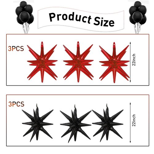 6 Pcs Star Foil Balloons One-Piece 14-Pointed Star Balloons 4D Starburst Cone Mylar Balloons 22inch Christmas Birthday Wedding Wedding Anniversary Party Supplies(Black + Red)