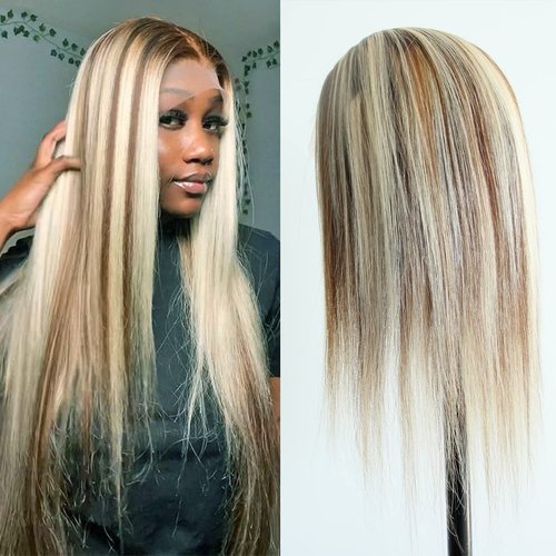 Dorabeauty Highlight #8/60 Lace Front Wigs Mixed Color Ombre Brown Blonde 150% Density Brazilian Virgin Human Hair Pre Plucked 13X4 Glueless Lace Front Wigs For Black Women Straight 16 inch