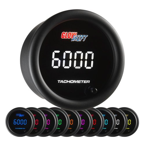 GlowShift 10 Color Digital 9,999 RPM Tachometer Gauge - for 1-10 Cylinder Gas Powered Engines - Multi-Color LED Display - Tinted Lens - 2-1/16" (52mm)