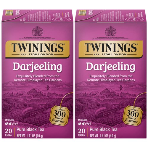 Twinings Darjeeling Tea - A Delicate, Dry Black Tea, Sophisticated Coffee Alternative with Less Caffeine, Individually Wrapped Tea Bags, 20 Count (Pack of 2)
