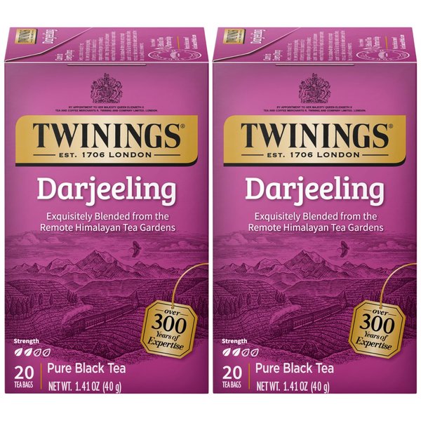 Twinings Darjeeling Tea - A Delicate, Dry Black Tea, Sophisticated Coffee Alternative with Less Caffeine, Individually Wrapped Tea Bags, 20 Count (Pack of 2)