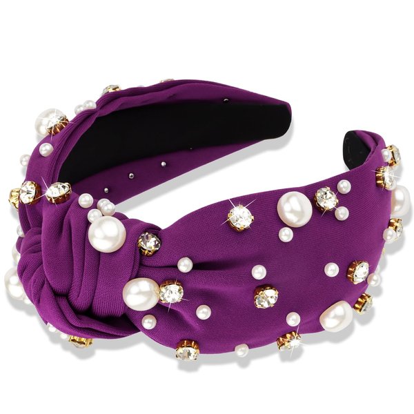 Atoden Pearl Headband Knotted Rhinestone Headbands Wide Top Knot Headbands Beaded Headband Jeweled Head Bands for Women's Hair Crystal Embellished Headbands Womens Girls Hair Accessories Deep Purple
