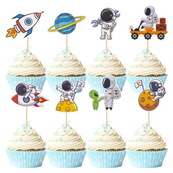 Gyufise 40Pcs Space Astronaut Cupcake Toppers Rocket Planet Trip to the Moon Cupcake Picks Decorations for Baby Shower Boys Girls Birthday Outer Space Themed Party Cake Decorations Supplies