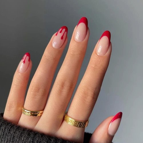 Halloween Press on Nails Medium Length Horror Bloody Fake Nails Red French Tips Nails Coffin Full Cover False Nails with Nail Glues for Women and Girls Halloween Party Nail Decorations 24Pcs