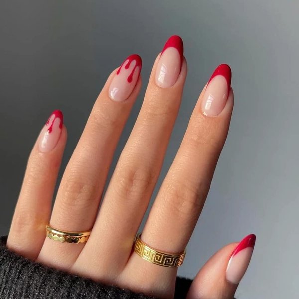 Halloween Press on Nails Medium Length Horror Bloody Fake Nails Red French Tips Nails Coffin Full Cover False Nails with Nail Glues for Women and Girls Halloween Party Nail Decorations 24Pcs