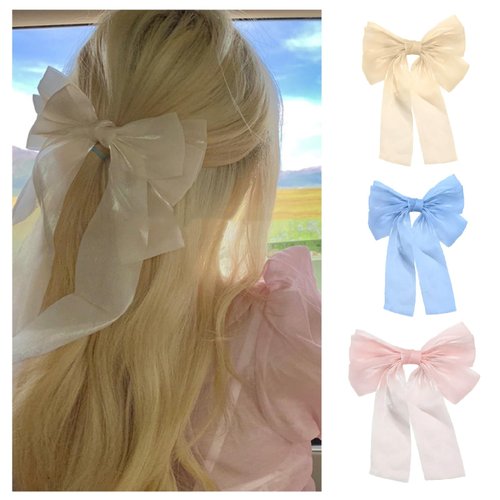 papasgix Hair Bows for Women Girls, Bow Clip with Long Tails, Hair Bows Hair Barrettes Hair Ribbons Hair Accessories for Women Girls (3Pcs-Beige+Blue++)