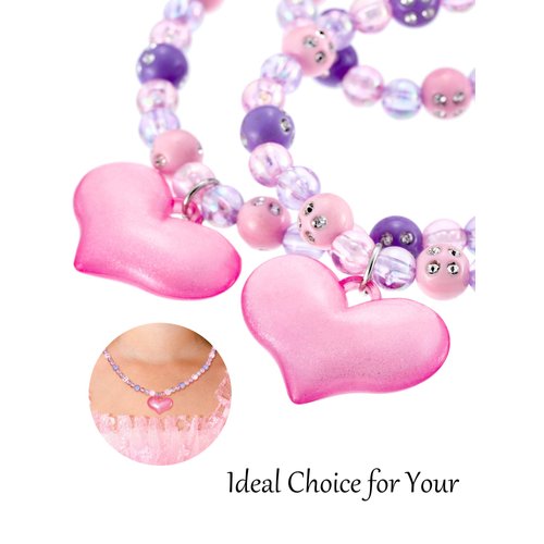 Zhanmai 2 Pcs Girl Princess Necklace Bracelet Set Lovely Princess Heart Shape Beads Necklace Stretchy Jewelry Set Girls Costume Jewelry Gift Party Favors for Dress up