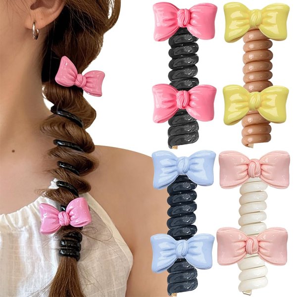 Double Bows Spiral Hair Ties No Damage Telephpone Line Hairties Plastic Coil Hair Ties for Women Teleties Ponytail Holders Telephone Cord Hair Bows Hair Elastics Bow Hair Tie Girls Hair Accessories