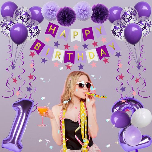 NANINUNENO 12th Birthday Decorations for Girls, Purple 12 Happy Birthday Balloons Supplies Including Purple Happy Birthday Banner, Purple 12 Number Balloons, Purple Pink Star Streamers, Hanging Swirls