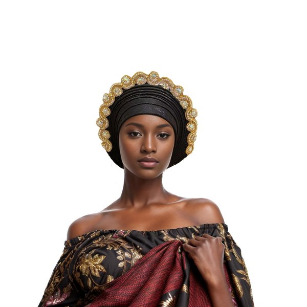 African Women's Turban Hat Stylish Gele Gemstone Headpiece, Perfect for Wedding Parties. Auto Gele HeadtiesNigerian Toe Cap (Polyester, Black)