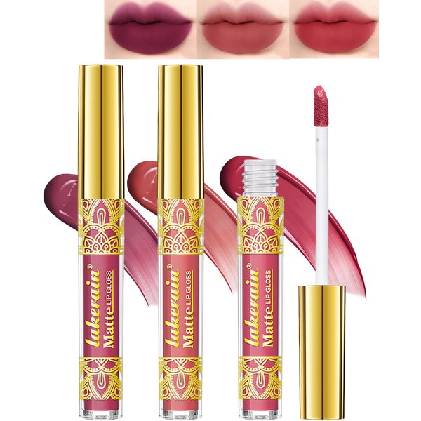 Matte Liquid Lipstick Kit-3Pcs Nude Pink Red Plum Lipcolor Lip Tint Stain Lip Gloss, Longlosting Waterproof Lipgloss Lipstain,Makeup Gift for Women labiales mate magicos 24 horas originales-01#