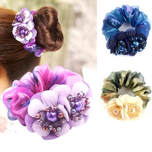 AsggBah 3pcs Premium Women Hair Elastic Scrunchies with Flower & Crystal Deco Elegant Hair Ties Hair Band Hair Accessory for Ponytail Hairball