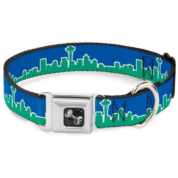 Dog Collar Seatbelt Buckle Seattle Skyline Blue Green 18 to 32 Inches 1.5 Inch Wide