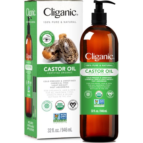 Cliganic Organic Castor Oil, 100% Pure (32oz with Eyelash Kit) - For Eyelashes, Eyebrows, Hair & Skin | Natural Cold Pressed Unrefined Hexane-Free