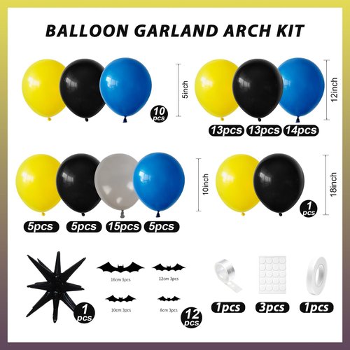 Bat Theme Balloon Arch Kit,Navy Blue Black Yellow Grey Balloons with Bat Sticker for Boys Man Movie Bat Theme Birthday Decorations Hero Party Baby Shower Anniversary Graduation Party Supplies