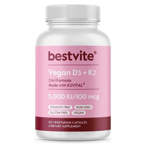 BESTVITE Vegan Vitamin D3 5000 IU + Vitamin K2 100 mcg as MK-7 (120 Vegetarian Capsules) - No Stearates - Vegan - Non GMO - Gluten Free