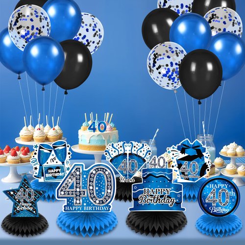 8Pcs Blue 40th Birthday Decorations Blue and Black Happy 40th Birthday Table Honeycomb Centerpieces for Table Decor 40th Birthday Table Topper for Men Women 40th Birthday Anniversary Party Supplies