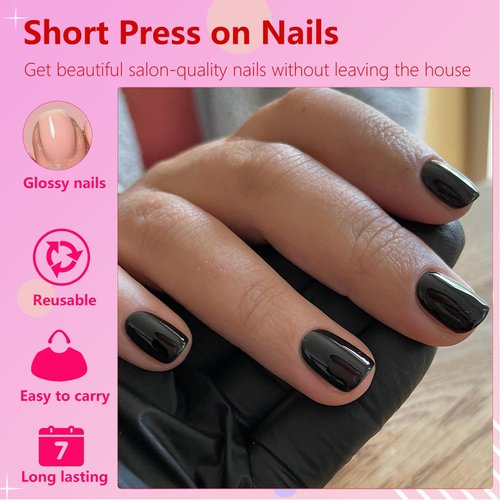 AddFavor 240pcs Press on Nails Short Glossy Black Fake Nail Short Square Full Cover Acrylic Artificial Glue on Nails Kit for Women and Girls