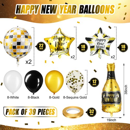 Hanaive 40 Pack 2025 Happy New Year Party Decorations Big 3D New Year Balloons Set Black Gold Happy New Year Banner Champagne Bottle Star Disco Ball Balloon Round Foil Balloons Gift for New Year Party