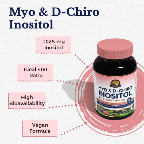 Vitalitown Inositol Supplement for Women, Myo-Inositol & D-Chiro Inositol, Ideal 40:1 Ratio, Hormone Balance & Healthy Ovarian Support for Women, Vitamin B8, Vegan, 60 Capsules, No Gluten