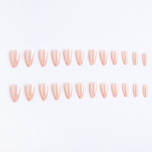 Almond Press on Nails Medium Pink Fake Nails Glossy Chrome False Nails with Designs Solid Color Glue on Nails Full Cover Acrylic Nails Stick on Nails for Women Girls Manicure Art 24 Pcs