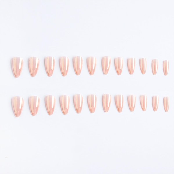 Almond Press on Nails Medium Pink Fake Nails Glossy Chrome False Nails with Designs Solid Color Glue on Nails Full Cover Acrylic Nails Stick on Nails for Women Girls Manicure Art 24 Pcs