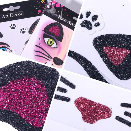 Cute Cat Face Sticker Cartoon Animal Face Gems Sticker Glitter Crystals Face Art Stickers Kid Face Eye Decoration for Makeup Face Sparkling Party Face Sticker 2Pcs