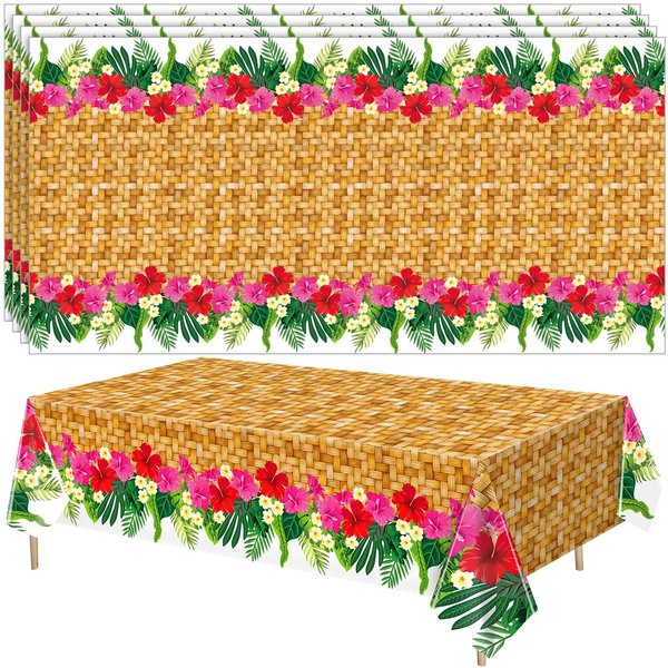 Mindsoft 4 Pcs Hawaiian Luau Party Table Cover 54'' x 108'' Plastic Hawaiian Tablecloth Disposable Rectangular Luau Party Decorations Summer Tropical Luau Party Supplies for BBQs Beach Pool Birthday