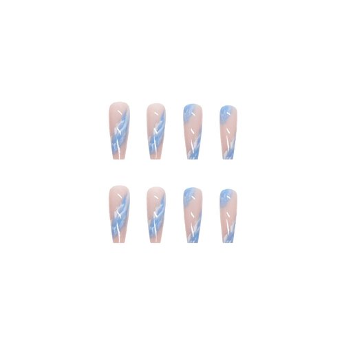 BABALAL Coffin Press on Nails Long French Fake Nails with Nail Glue Blue Glossy Glue on Nails 24pcs Ballerina Acrylic Nails Blue False Nails