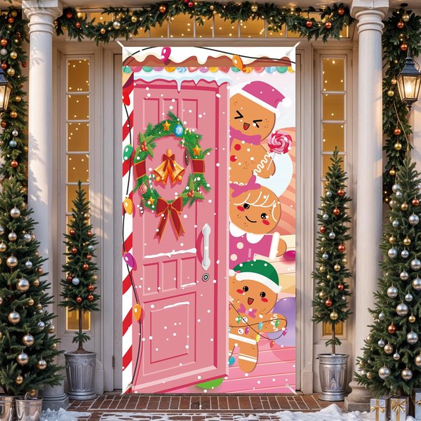 Pink Christmas Door Cover Gingerbread Door Banner Decorations Gingerbread Man Christmas Wreath Front Door Cover Peppermint Candy Cane for Xmas New Year Holiday Candy Party Cute House Supplies Decor