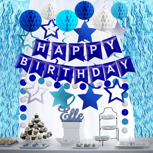 Birthday Decorations Sets-Teal Blue Wavy Tinsel Foil Fringe Curtains with Navy Blue Happy Birthday Banner,Star Hanging Swirls,Honeycomb Balls and Circle Paper Garland for Happy Birthday Decorations