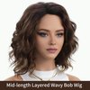 RENERSHOW Layered Short Ombre Brown with Blonde Highlight Wavy Bob Wigs for Women Mid-length Brown Wave Curly Wig Synthetic Side Part Natural Looking Daily Party Wig