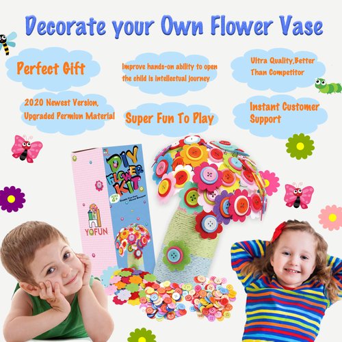 YOFUN Flower Craft Kit for Kids - Make Your Own Flower Bouquet with Buttons and Felt Flowers, Vase Art Toy & Craft Project for Children, DIY Activity Gift for Boys & Girls Age 4 5 6 7 8 9 Year Old