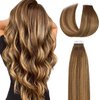 Lacer Tape in Hair Extensions Real Human Hair Seamless Rooted Chocolate Brown to Caramel blonde Hair Extensions Tape in Real Hair Straight 12 Inch 12Pcs 30 Grams