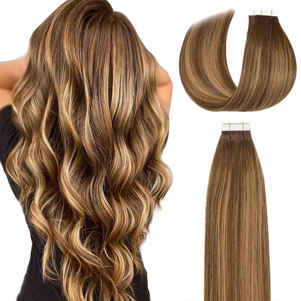 Lacer Tape in Hair Extensions Real Human Hair Seamless Rooted Chocolate Brown to Caramel blonde Hair Extensions Tape in Real Hair Straight 12 Inch 12Pcs 30 Grams