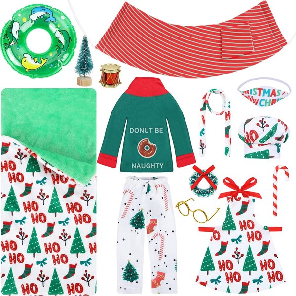 UPINS 14 Pcs Christmas Elf Doll Accessories Set with Christmas Sleeping Bag Top Pants Apron and Chef Hat Scarf Glasses Swimming Circle Christmas Elf Hammock Xmas Accessory for Doll Decorations