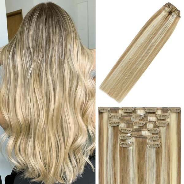 WindTouch Clip in Hair Extensions Human Hair Balayage Mixed Bleach Blonde 15Inch 70g Highlights for Blonde Remy Hair 7PCS #18P613 Gift for Women
