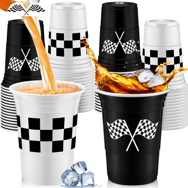 Norme 48 Pcs Checkered Flag Party Supplies Bulk 16 oz Race Car Cups Checkered Flag Thick Plastic Cup for Race Car Birthday Party Checkered Racing Party Sports Themed Birthday Party (Checkered Flag)