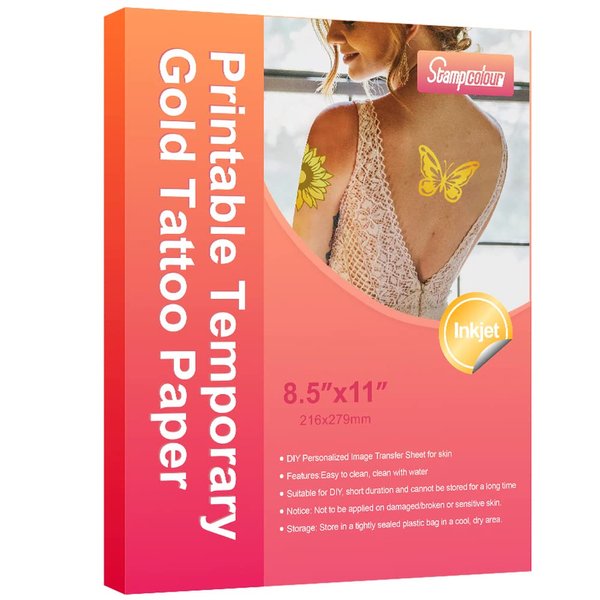 Stampcolour Printable Temporary Metallic Tattoo Paper for INKJET printer,Printable Engravable 8.5"X11" 30 Sheets DIY Personalized Waterproof Gold Tattoos Sticker for Skin Custom Cartoon Kids Tattoos