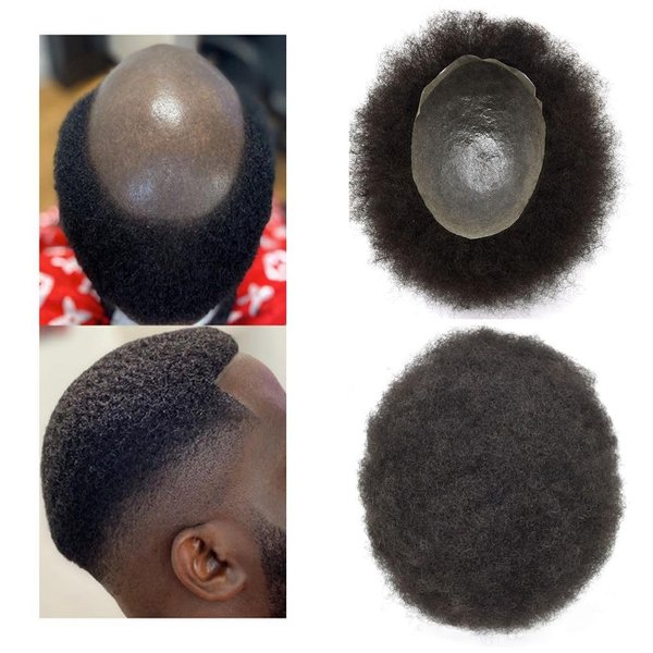 Curly Hair Units for Black Mens Toupee 4MM Afro Curl Hair Replacement System for Men 0.06MM Thin Skin Human Hair Pieces Men Weave Hairpieces (#1B Natural Black, 4mm Tight Curl)