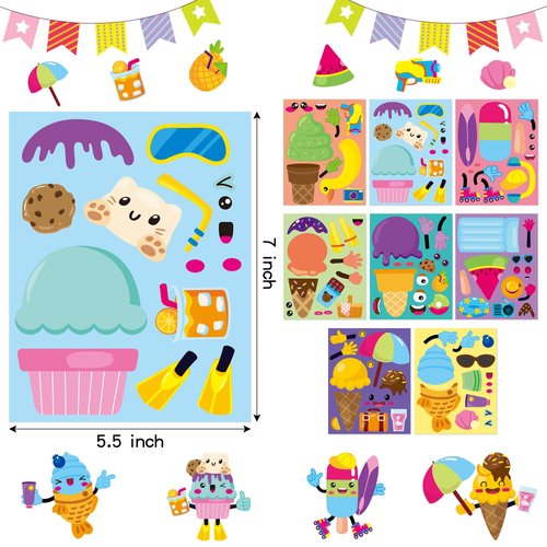 Summer Face Stickers Party Make a Cute DIY Face Sticker Sheets, Make Your Own Summer Colorful Stickers Games, Sweet Party Party Favors for Girls or Kids (Ice Cream Face Sticker)